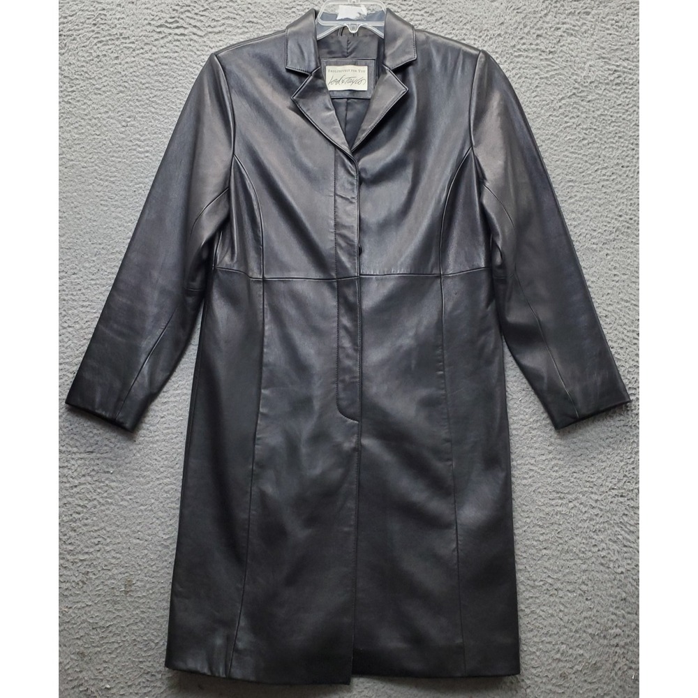 Lord & Taylor Leather Trench Coat Womens Small Black Notch Lapel Button Front